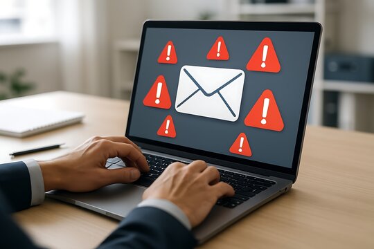 Urgent email warning on laptop display shows cybersecurity threat and data breach risk for business - Powered by Adobe