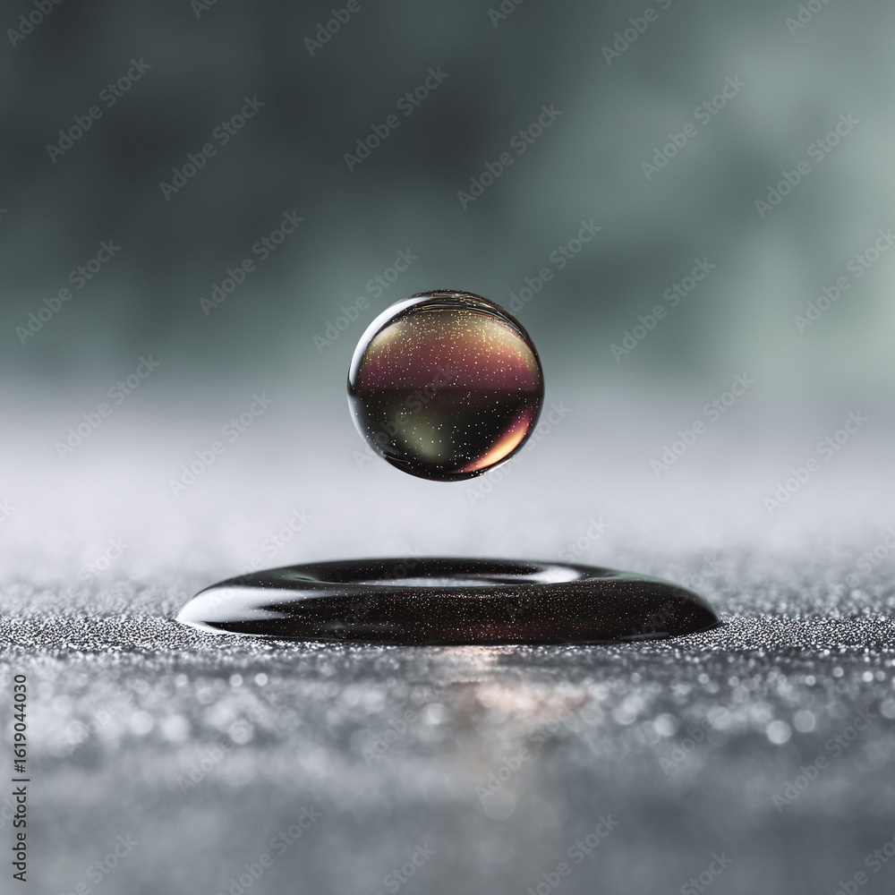 Poster captivating closeup of a levitating liquid drop, showcasing surface tension and reflection. abstract