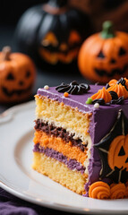 Close-up detail with a macro lens of one section. A slice of layer cake on a plate is decorated aesthetically and luxuriously. Use Halloween colors for the layer cake.