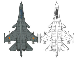Set shenyang J-16 military aircraft design in line art and colored style from top view. Vector illustrations colorful j16 fighter jet. Outline drawing modern chinese combat aircraft.
