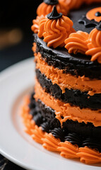 Close-up detail with a macro lens of one section. A slice of layer cake on a plate is decorated aesthetically and luxuriously. Use Halloween colors for the layer cake.