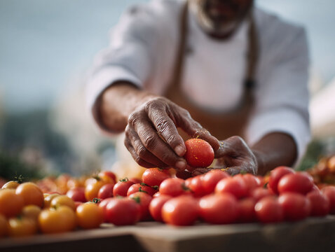 A chef carefully selects fresh tomatoes, showcasing expertise and quality ingredients. Perfect for culinary, food blog, or restaurantthemed visuals. Emphasizes skill and natural produce.