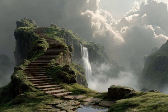 Picturesque view of mountain waterfalls seen from old stone steps with decorative gold railing in late afternoon