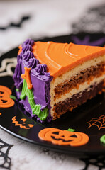 Close-up detail with a macro lens of one section. A slice of layer cake on a plate is decorated aesthetically and luxuriously. Use Halloween colors for the layer cake.