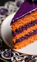 Close-up detail with a macro lens of one section. A slice of layer cake on a plate is decorated aesthetically and luxuriously. Use Halloween colors for the layer cake.