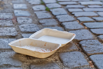 Discarded Styrofoam Container on Cobblestone Street