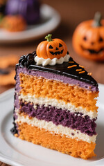 Close-up detail with a macro lens of one section. A slice of layer cake on a plate is decorated aesthetically and luxuriously. Use Halloween colors for the layer cake.