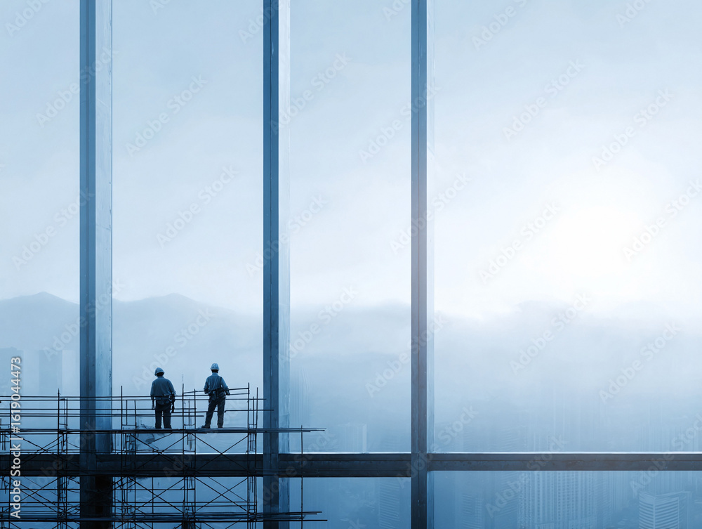 Poster workers on scaffolding construct a skyscraper, overlooking a hazy city. illustrates progress, teamwo