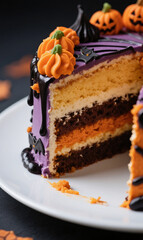 Close-up detail with a macro lens of one section. A slice of layer cake on a plate is decorated aesthetically and luxuriously. Use Halloween colors for the layer cake.