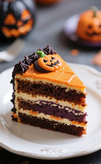 Close-up detail with a macro lens of one section. A slice of layer cake on a plate is decorated aesthetically and luxuriously. Use Halloween colors for the layer cake.