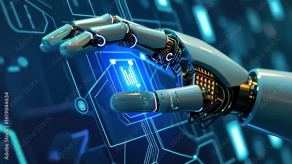 Aufkleber robotic hand and digital interface: a robotic hand delicately interacts with a luminous digital inte