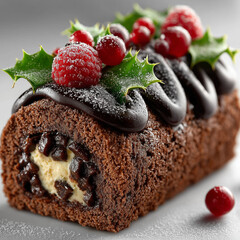 Yule log chocolate cake decorated with holly, isolate,