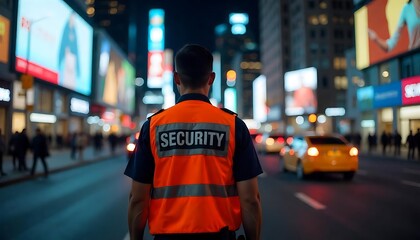 A security guard wearing an orange vest stands in the middle of a busy city street at night, with bright lights and billboards visible in the background, created with generative ai