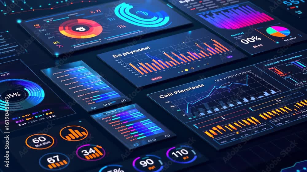 Poster visual data presentation: a compelling composition showcases vibrant, illuminated data charts, graph