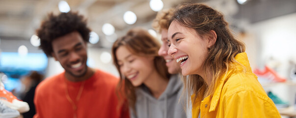 Fototapeta premium Diverse group of young friends laughing in a bright store. Represents joy, connection, shopping, and friendship. Ideal for retail, youth marketing, or lifestyle content.