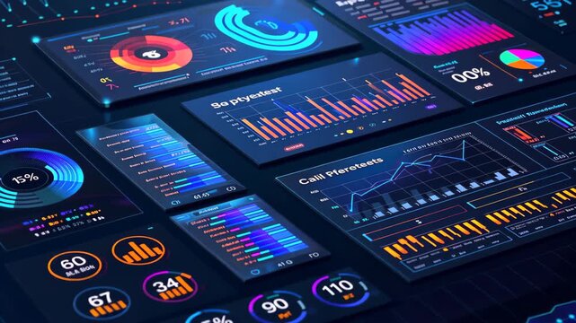 Visual Data Presentation: A compelling composition showcases vibrant, illuminated data charts, graphs, and visualizations, signifying the dynamics of information and analytics.