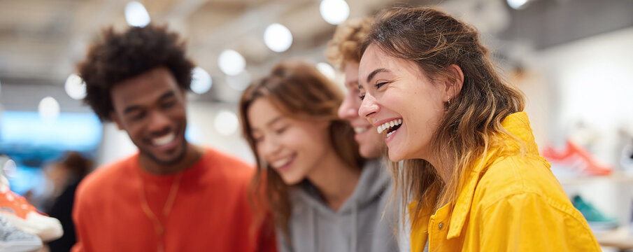Diverse group of young friends laughing in a bright store. Represents joy, connection, shopping, and friendship. Ideal for retail, youth marketing, or lifestyle content.
