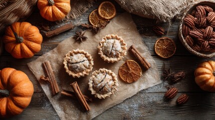 Cozy flat lay featuring small hand pies, pecans, and autumn decor arrangement on kraft paper over a wooden table