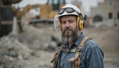 Bearded man at construction site wears hard hat, goggles, ear protection. Confident worker in denim shirt with tool vest stands with relaxed posture on debris-filled terrain. Heavy machinery visible