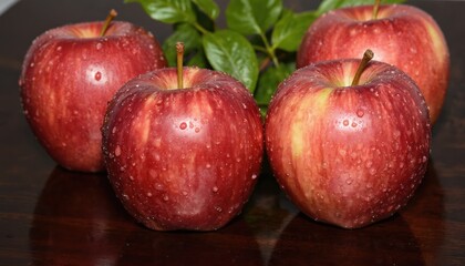 Four ripe red apples glistening with water droplets rest on dark reflective surface. Fresh fruit, crisp texture, juicy flesh. Healthy snack option, perfect for autumn harvest themes, diet, food