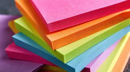 A vibrant stack of colorful sticky notes, arranged neatly to create a spectrum of hues, ready for important messages or reminders. The image captures the essence of organization, communication.
