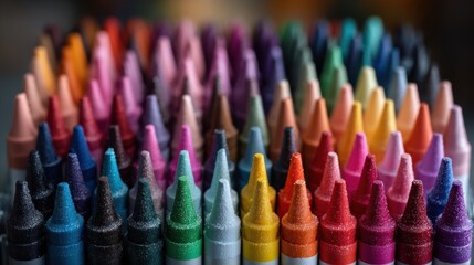 Vibrant display of colorful crayons arranged in neat rows, the image showcases a spectrum of hues, perfect for artistic projects.
