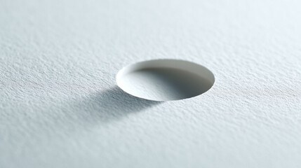 Minimalist shot of a round hole in textured white paper. Conceptual for ideas, absence, or opportunity. Use for backgrounds, design elements, or metaphors.