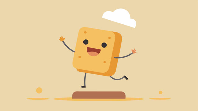 Adventurous Ascent Depict a toaster scaling a pile of bread with arms stretched out in excitement. One leg is raised as it leaps off the bread stack sending toast airborne. The