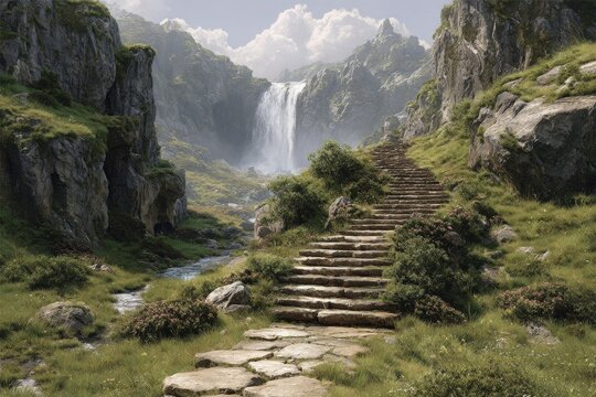 Picturesque view of mountain waterfalls seen from old stone steps with decorative gold railing in late afternoon