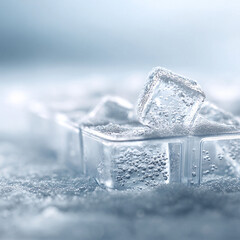 Captivating macro shot of sparkling ice cubes with bubbles, suggesting freshness, purity, and refreshment. Ideal for beverage, health, or coolingrelated themes. Serene, cold tones.