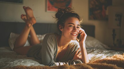 Young woman smiling while talking on the phone in cozy bedroom - Powered by Adobe