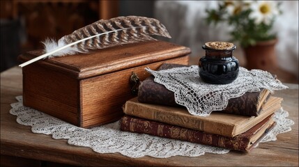 A vintage composition of literary elements, featuring an old wooden box, antique books, a quill pen, and inkwell on a delicate lace doily, exudes timeless charm and artistic elegance.