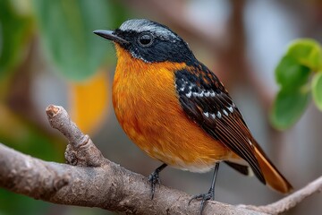 Closeup of a Rufous-throated Flycatcher perched on a branch in Costa Rica, showcasing its vibrant orange plumage, black head, and gray crown
