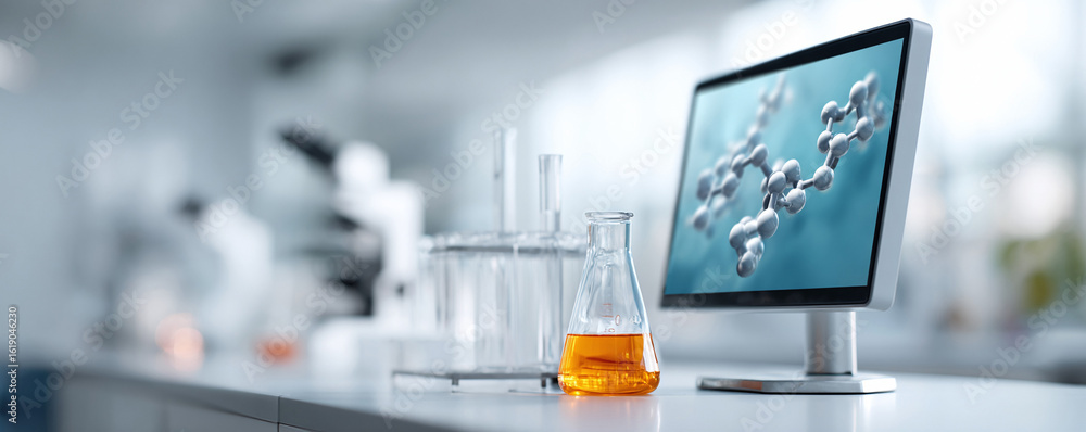 Poster modern science background. flask with amber liquid and computer with molecule on screen in a laborat