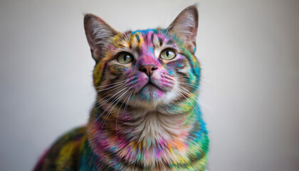 Close-up portrait of a tabby cat adorned with vibrant Holi powder paint. The feline has green eyes and its fur is covered in a colorful, multi-hued pattern of pink, yellow, blue, and green powder.