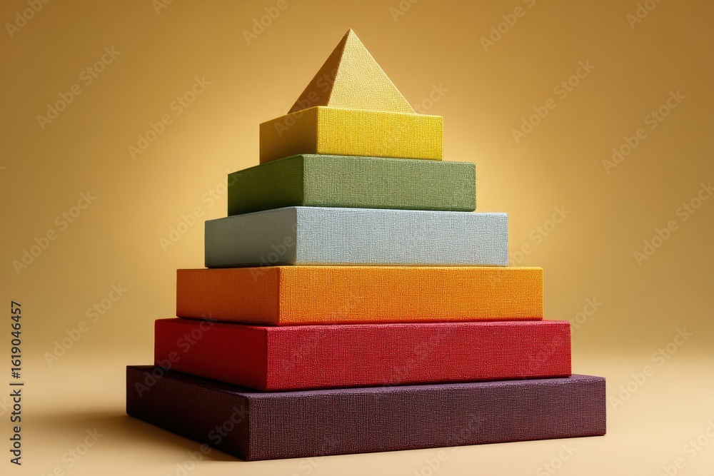 Poster stack of colorful fabric-covered boxes forming a pyramid structure against a light brown background,