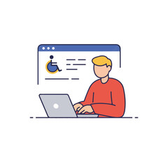Man in red sweater typing on a laptop with web accessibility webpage background, promoting the concept of digital services, technology, or web development