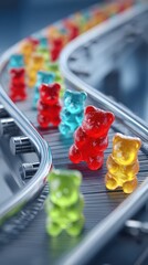 Colorful gummy bears moving along a conveyor belt in a candy factory during production process