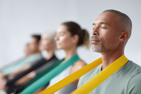 Diverse group exercising with resistance bands, eyes closed, in harmony. Wellness concept, depicting strength, focus, and wellbeing. Ideal for fitness, health, and lifestyle themes.