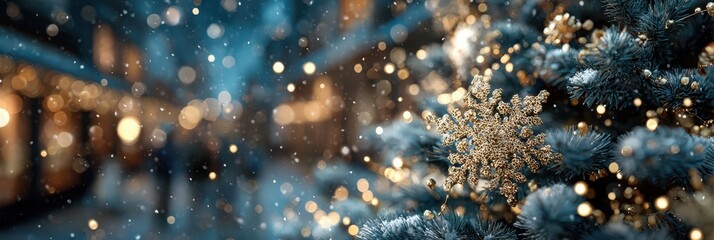 Sparkling snowflakes fall gently on a beautifully decorated Christmas tree in a festive city street during the holiday season