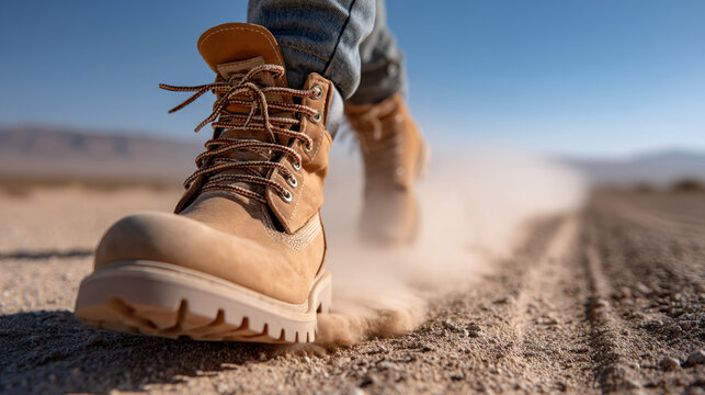 Adventure on a wide desert trail with boots kicking up dust