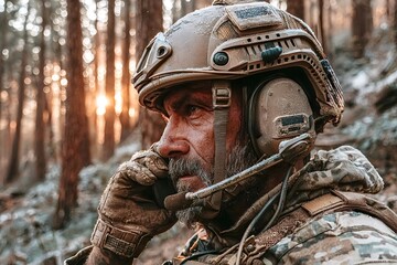 Military man wearing a tactical helmet and headset communicates using a handheld radio in a winter forest, the setting sun casting a warm glow through the trees