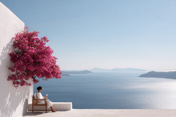 Elegant woman enjoys scenic ocean view from a whitewashed terrace with vibrant bougainvillea. Represents serenity, luxury travel, and mindful relaxation.