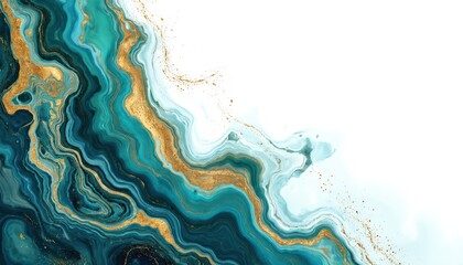 Obraz premium Abstract illustration features blue, teal liquid swirls with gold accents creating luxurious marble effect. Flowing fluid paint textures blend seamlessly on white background, ideal for graphic