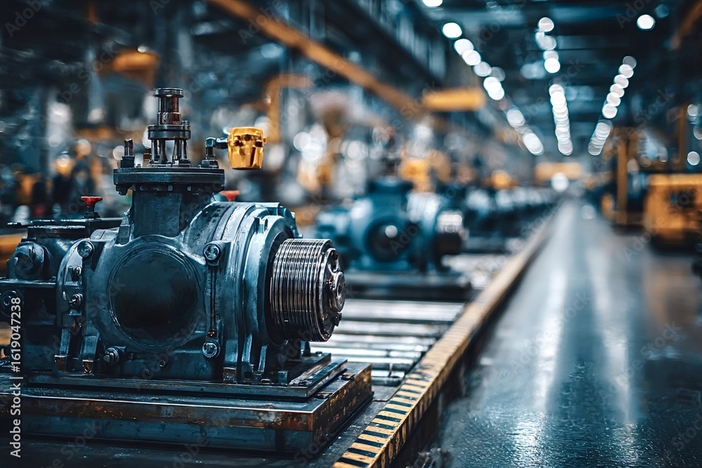 Poster powerful electric motors are standing on an assembly line in a large contemporary factory, awaiting 