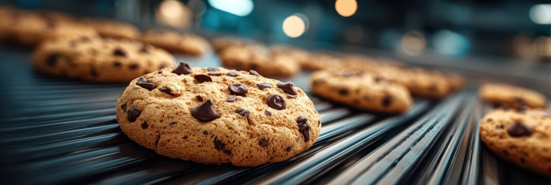 Freshly baked chocolate chip cookies cooling on a conveyor belt in a bakery during morning hours