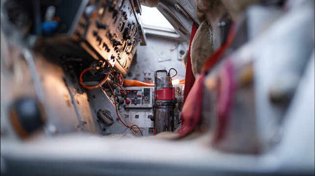 Interior view of a vintage aircraft cockpit, focusing on the control panel and instrument cluster. Evokes themes of aviation history, exploration, and engineering. - Powered by Adobe