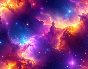 Abstract cosmic nebula with glowing particles, vibrant purple and orange hues, space aesthetic with stars and gas clouds, seamless high-res background texture