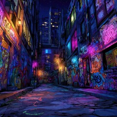 Fototapeta premium Nighttime urban alley, vibrant graffiti, city skyline, game background