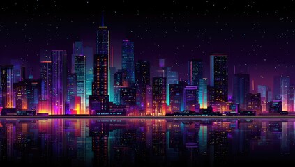Obraz premium Night cityscape, neon lights, water reflection, starry sky, urban background, website banner